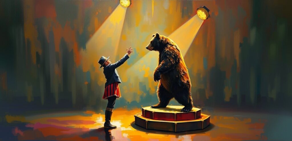 An illustration of a circus performer training a bear, to illustrate the concept of training data using human data annotation.