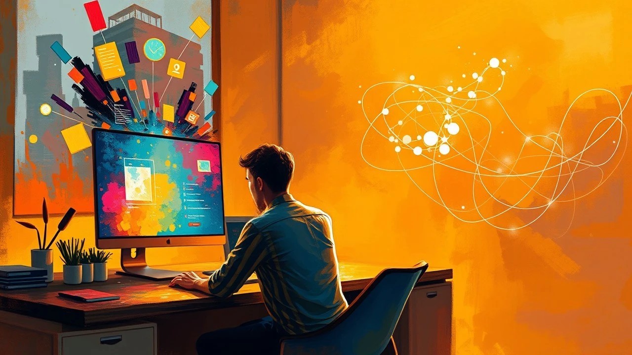 Impressionist painting of a person at a computer in a modern office, with glowing abstract brushstrokes symbolizing data annotation and search algorithms.