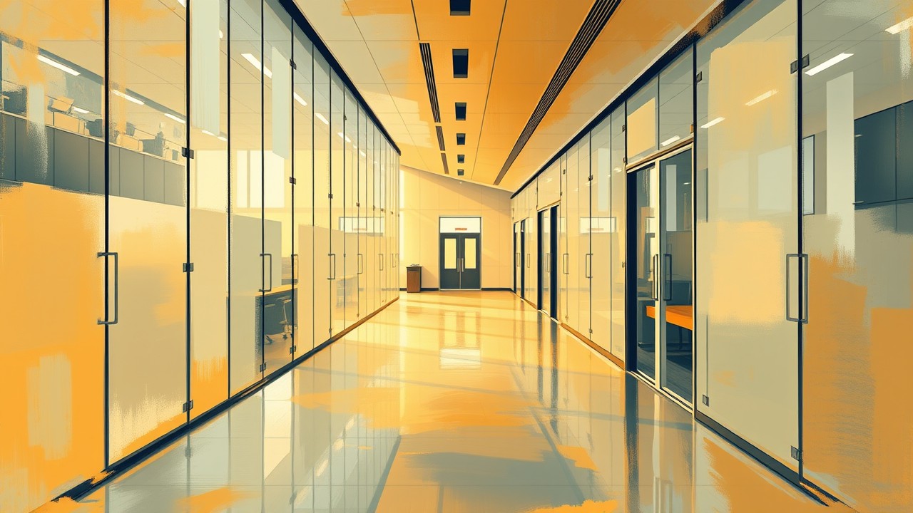 Impressionist painting of a secure modern office, glass walls, and soft sunlight, symbolizing safe facilities for sensitive data annotation.