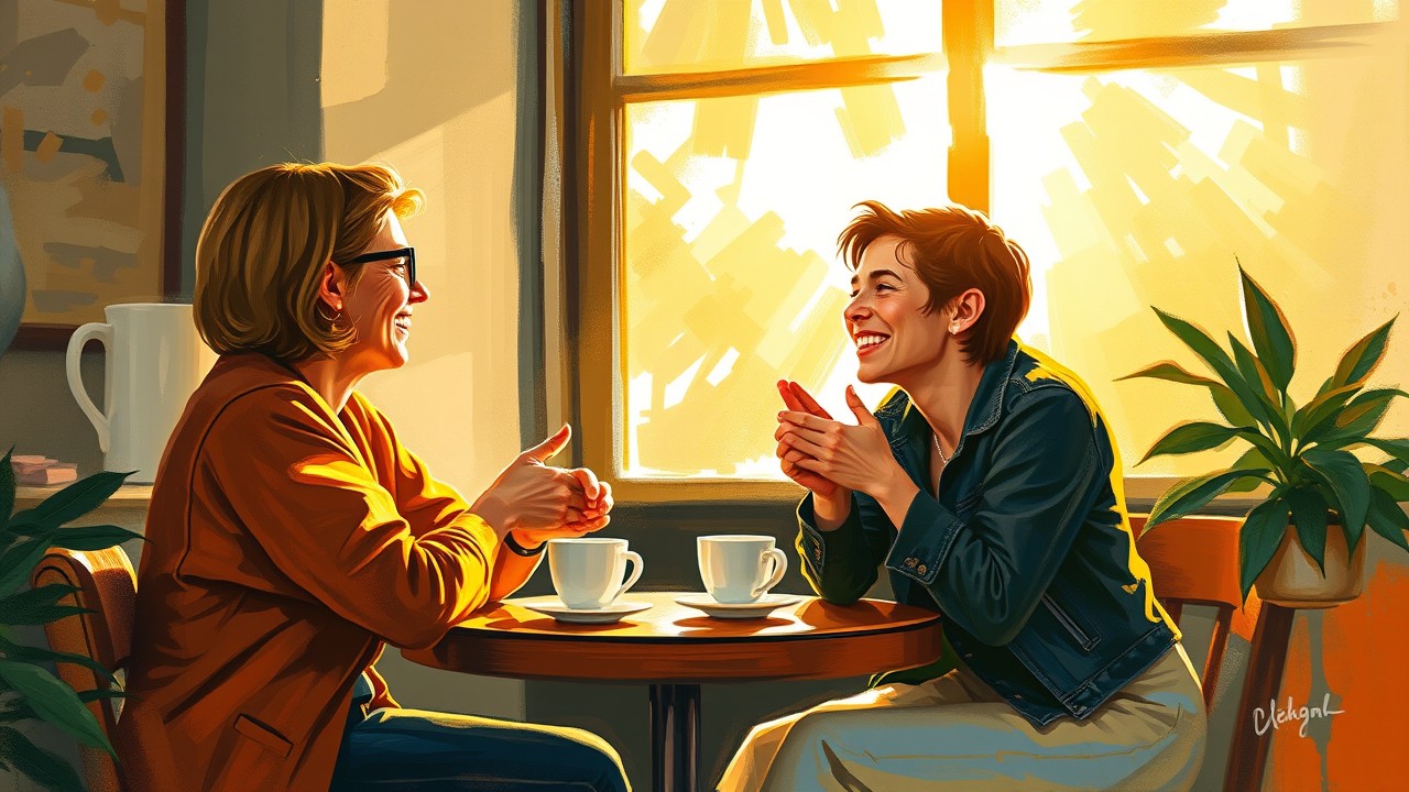 Impressionist painting of two friends talking at a café table with coffee, soft sunlight, and warm expressive gestures, symbolizing natural conversations.