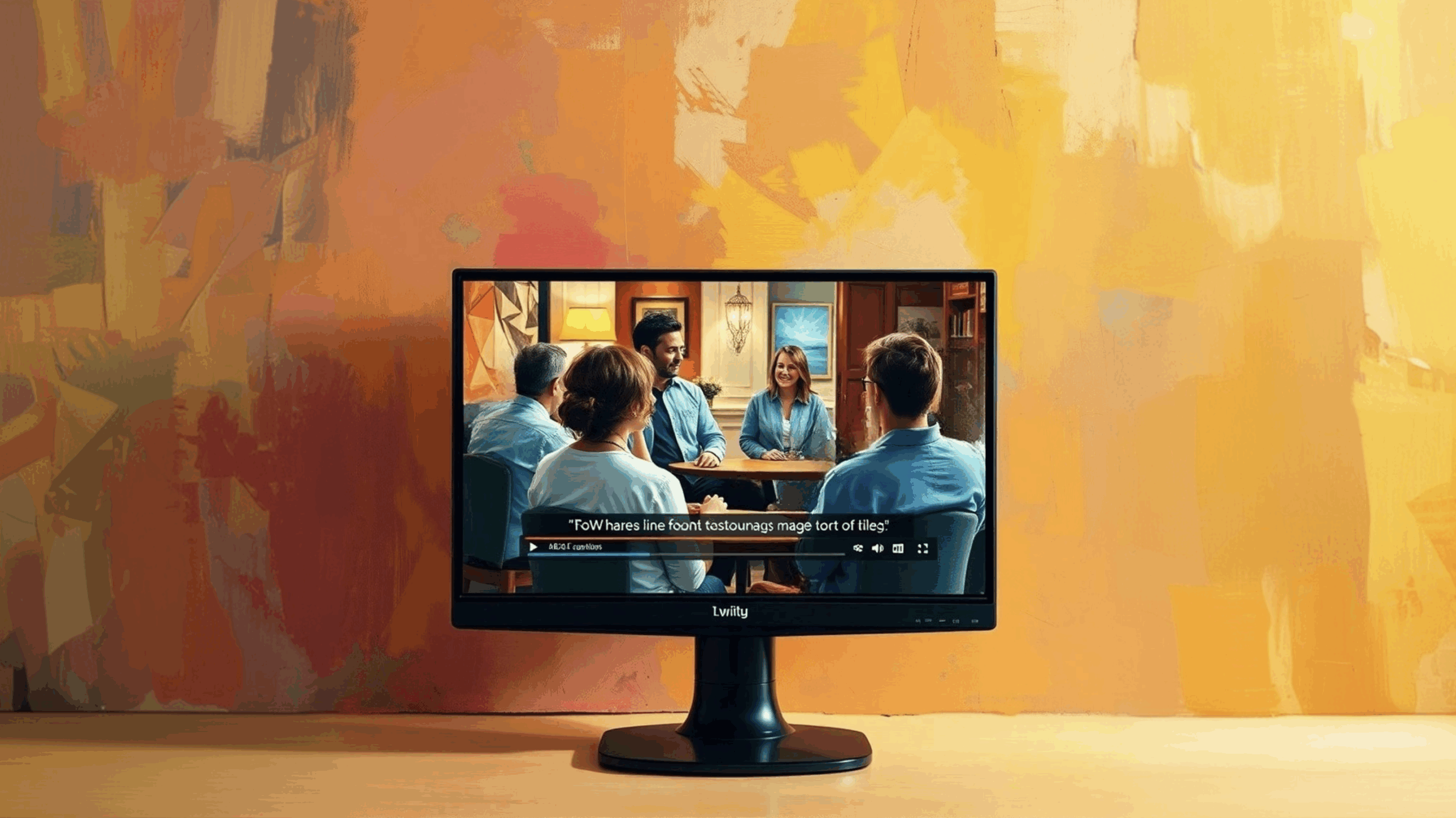 Impressionist painting of people speaking on a video monitor, with captions, illustrating Sigma’s video transcription project in multiple languages