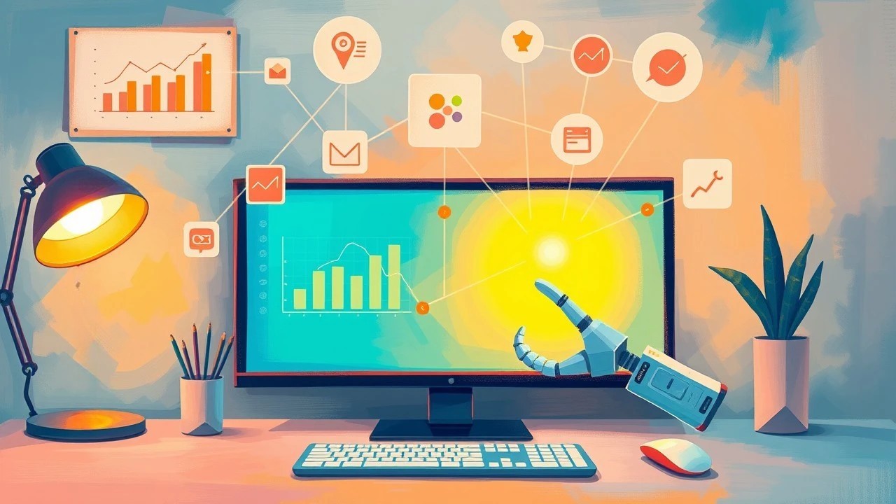 Graphic depicts a clean virtual workspace with floating icons of charts, messages, and a robotic arm to illustrate enterprise AI software