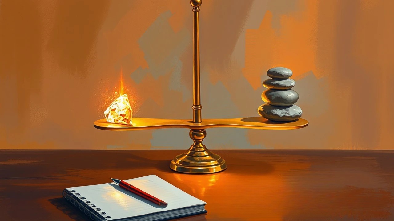 Graphic depicts a golden balance scale weighing a glowing gem against stacked stones to illustrate human insight in data annotation