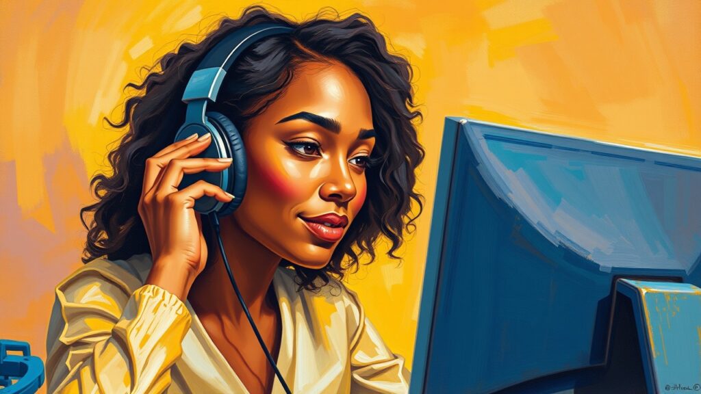Graphic depicts a woman annotator using headphones and a computer to illustrate the human touch in generative AI training