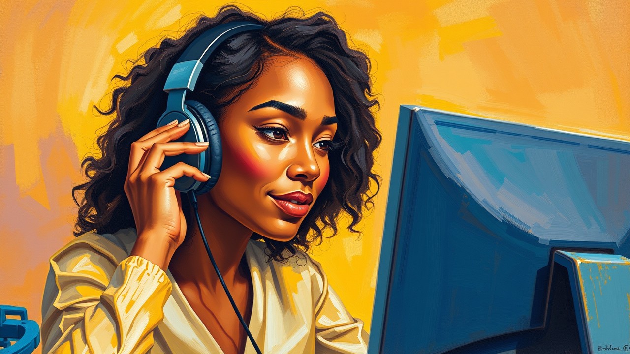 Graphic depicts a woman annotator using headphones and a computer to illustrate the human touch in generative AI training