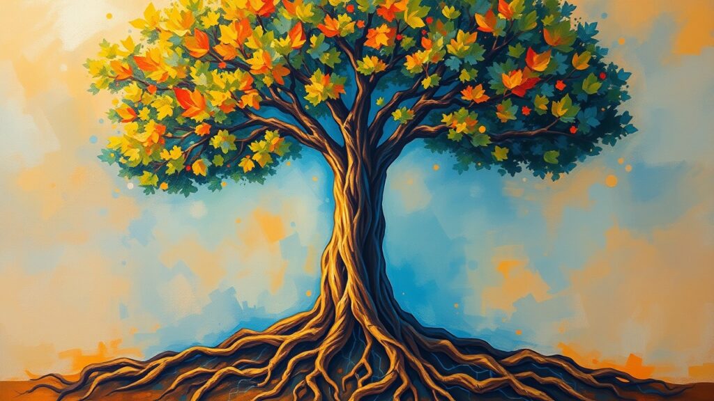 Graphic depicts a vibrant tree with colorful leaves and deep, glowing roots to illustrate Sigma’s 2025 CSR report and its commitment to ethical growth and sustainable foundations.