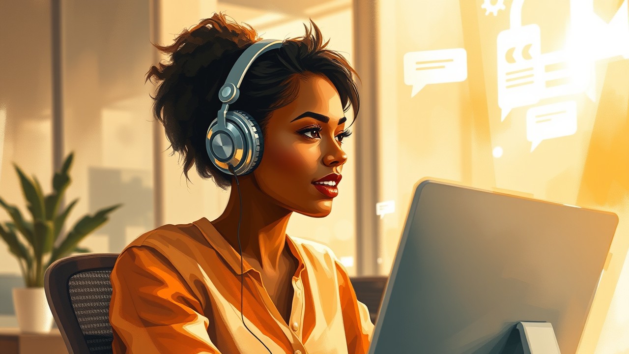 Graphic depicts a woman in a modern office wearing headphones and working at a computer to illustrate human language cues and the nuanced communication machines often miss