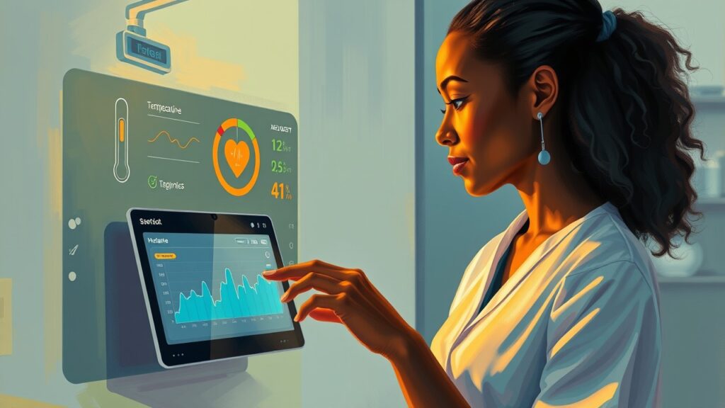 Graphic depicts a woman analyzing a streamlined digital health dashboard with charts and metrics to illustrate the use of gen AI in healthcare