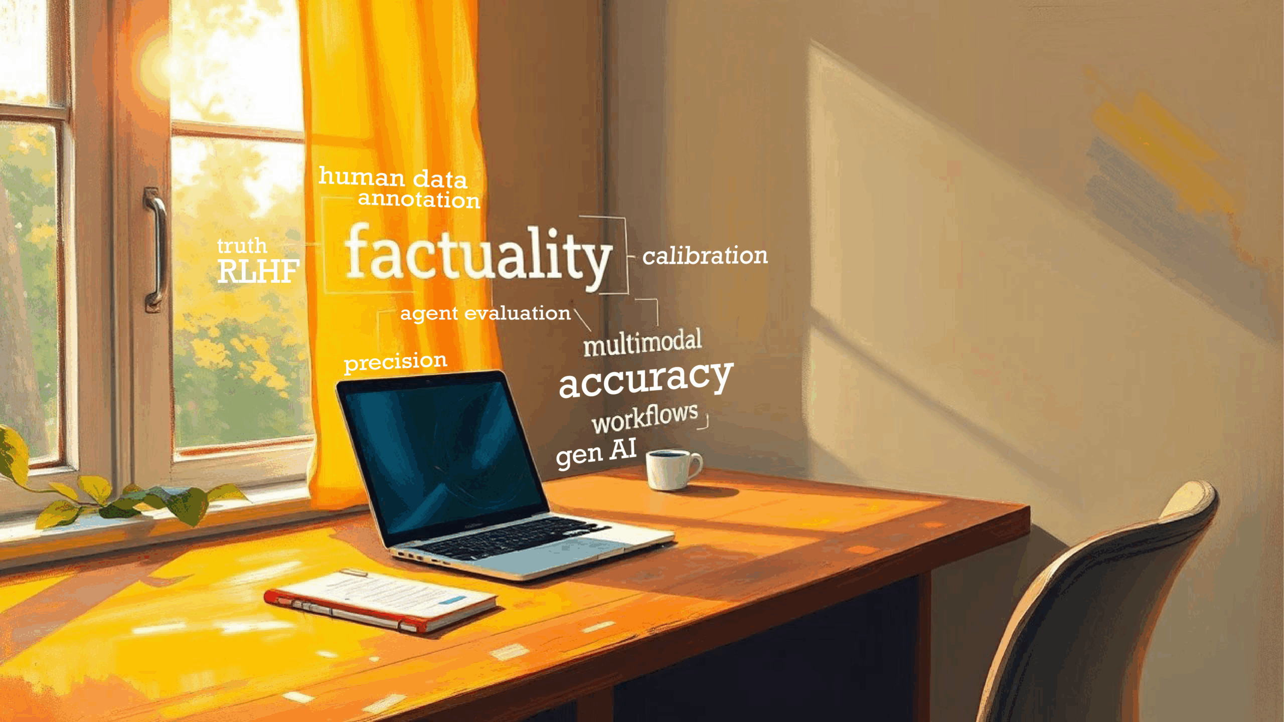 Graphic depicts a warm office desk with a laptop, notebook, and floating AI glossary terms like factuality, RLHF, and accuracy to illustrate Gen AI glossary for LLMO.