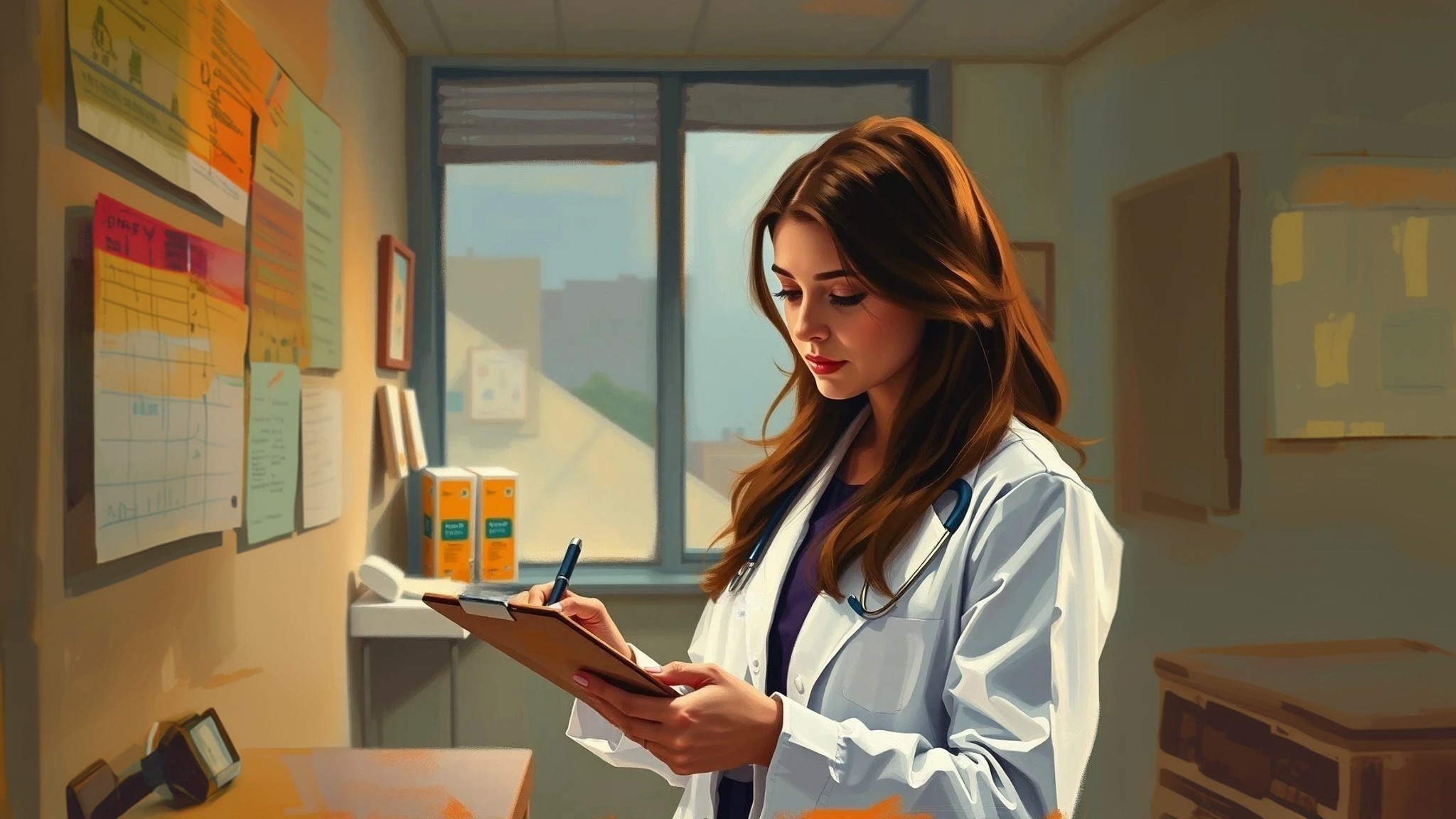 Graphic depicts a doctor reviewing patient notes in a clinic to illustrate LLM data privacy and security — highlighting the importance of safeguarding sensitive information such as PII and PHI in AI model training and evaluation.