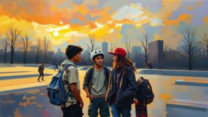 Graphic depicts a group of teens talking at a skate park at sunset to illustrate disfluency, slang, idioms, and subtext annotation — showing how real human conversation includes tone, emotion, and informal language that AI must learn to interpret.