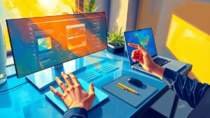 Graphic depicts a vibrant annotation-focused workspace with laptops and transparent displays to illustrate FAQs on RLHF, red teaming, and data annotation in AI systems.