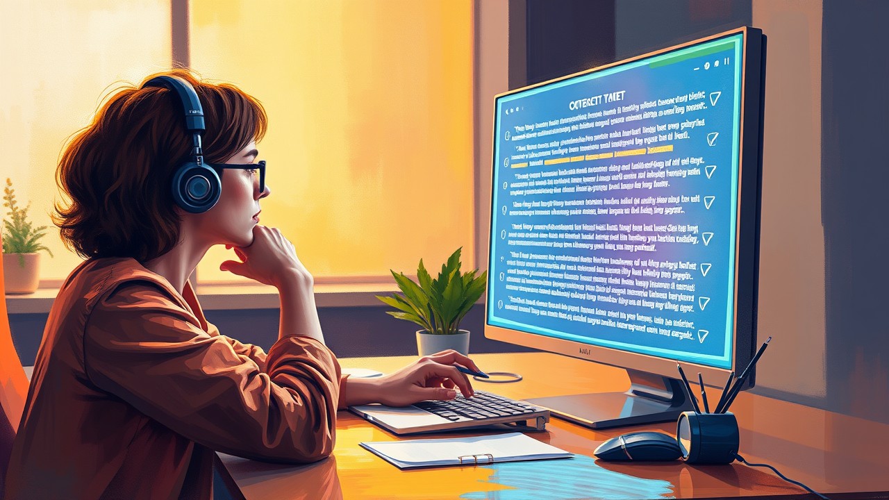 Graphic depicts a person reviewing AI-generated outputs on a computer screen in a bright, modern workspace to illustrate the process of building trustworthy AI.