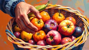 Graphic depicts a hand selecting from a mix of fruits to illustrate bias detection in generative AI, where diversity must be balanced and fairness preserved.