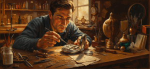 Graphic depicts a focused engineer delicately repairing clockwork mechanisms at a workbench to illustrate multilingual red teaming AI.