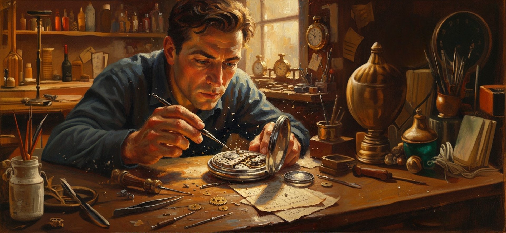 Graphic depicts a focused engineer delicately repairing clockwork mechanisms at a workbench to illustrate multilingual red teaming AI.
