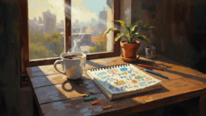 Graphic depicts a cozy creative workspace with a coffee cup, potted plant, and an open notebook filled with colorful diagrams to illustrate human-centered generative AI training