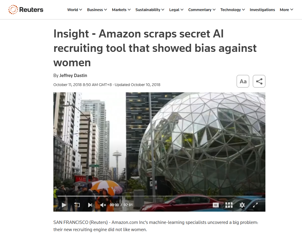 Screenshots of news articles showing real-world examples of AI bias, including Amazon’s recruiting tool that discriminated against women and predictive policing software biased against Black communities.