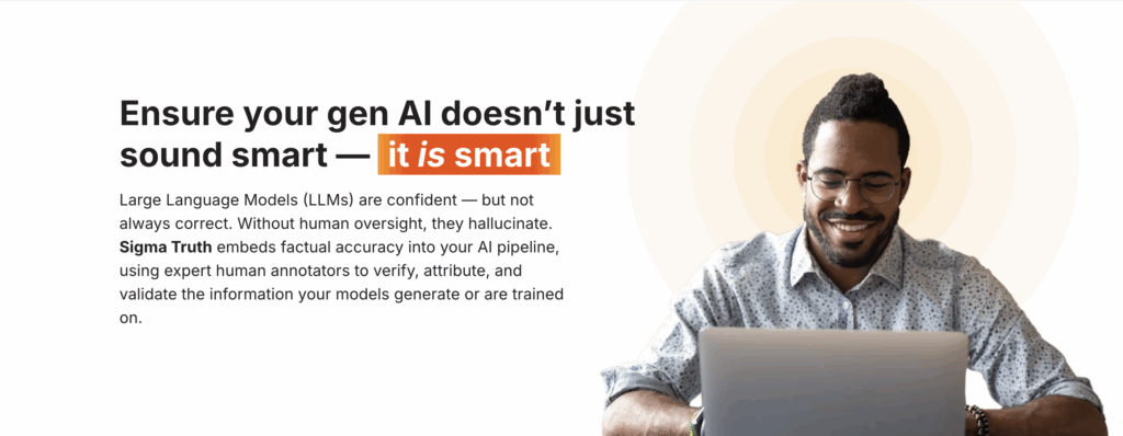 A human data annotator reviews information on his laptop to validate the truth and accuracy of an AI output. 
