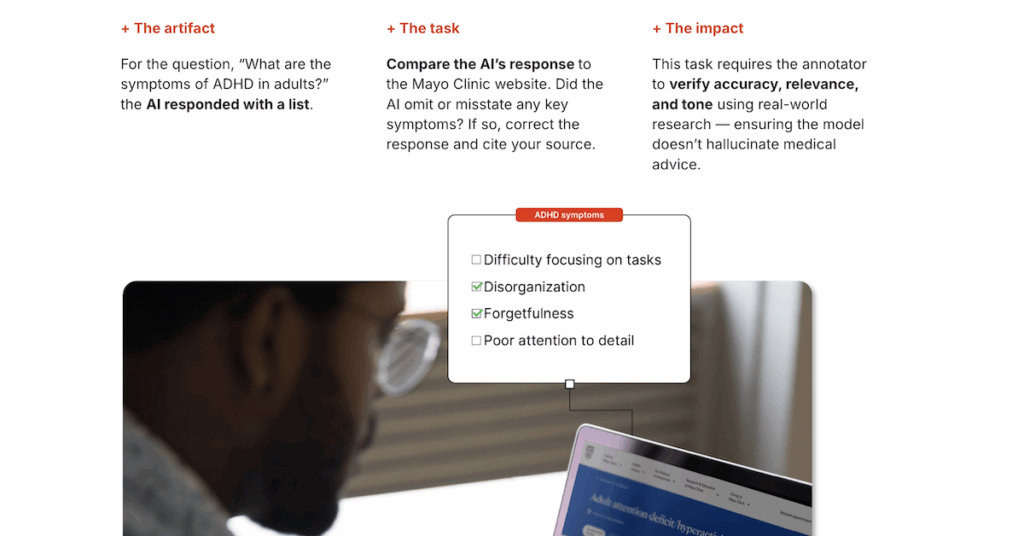 A sample workflow for truth validation in generative AI shows how human data annotators compare AI outputs to authoritative sources.