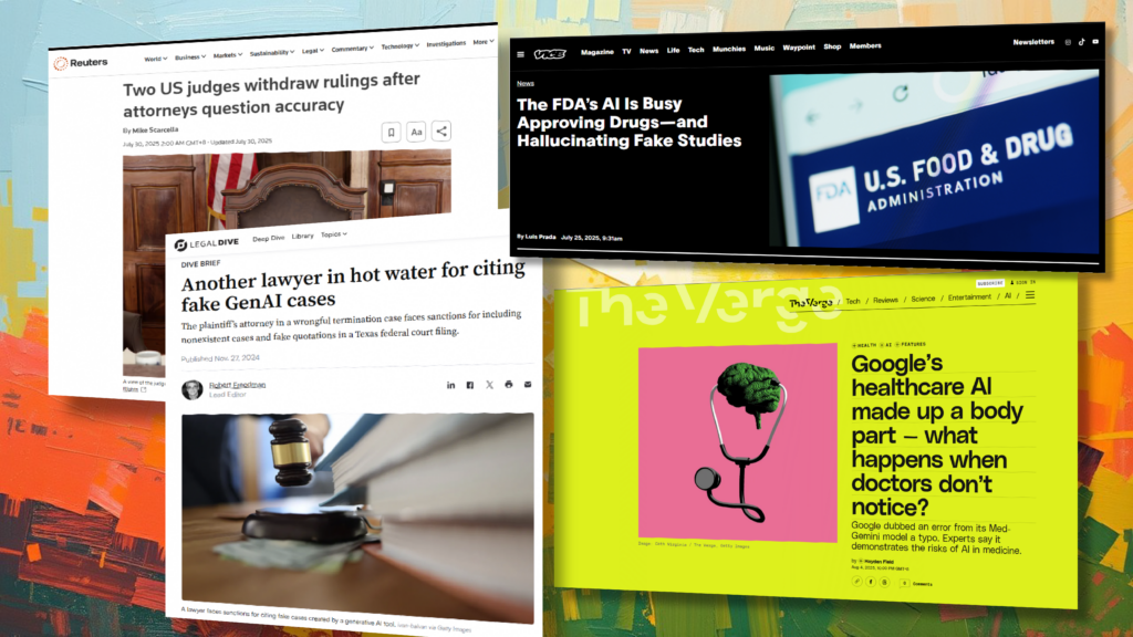 Graphic depicts a collage of news headlines highlighting AI errors in law, healthcare, and regulation to illustrate When accuracy isn’t enough: building truth into generative AI.