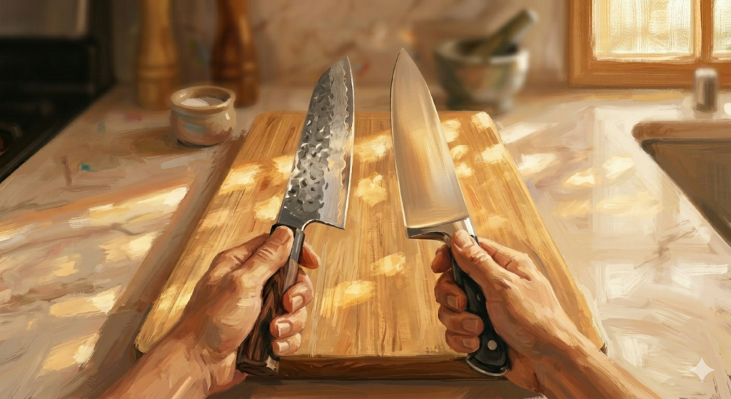 An oil-painting style image with warm, sunlit tones showing a first-person view of two hands holding kitchen knives over a wooden cutting board. The scene features a hammered-metal blade on the left and a smooth stainless steel blade on the right, bathed in soft, golden light.