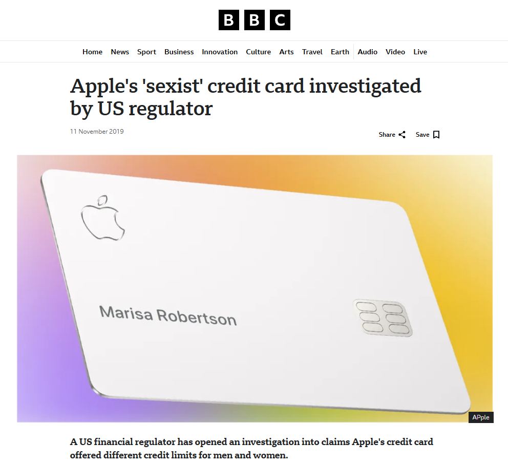 News article from BBC about Apple’s credit card investigation, highlighting concerns over alleged ‘sexist’ AI lending practices. This shows how red-teaming could have prevented reputational and regulatory risks.