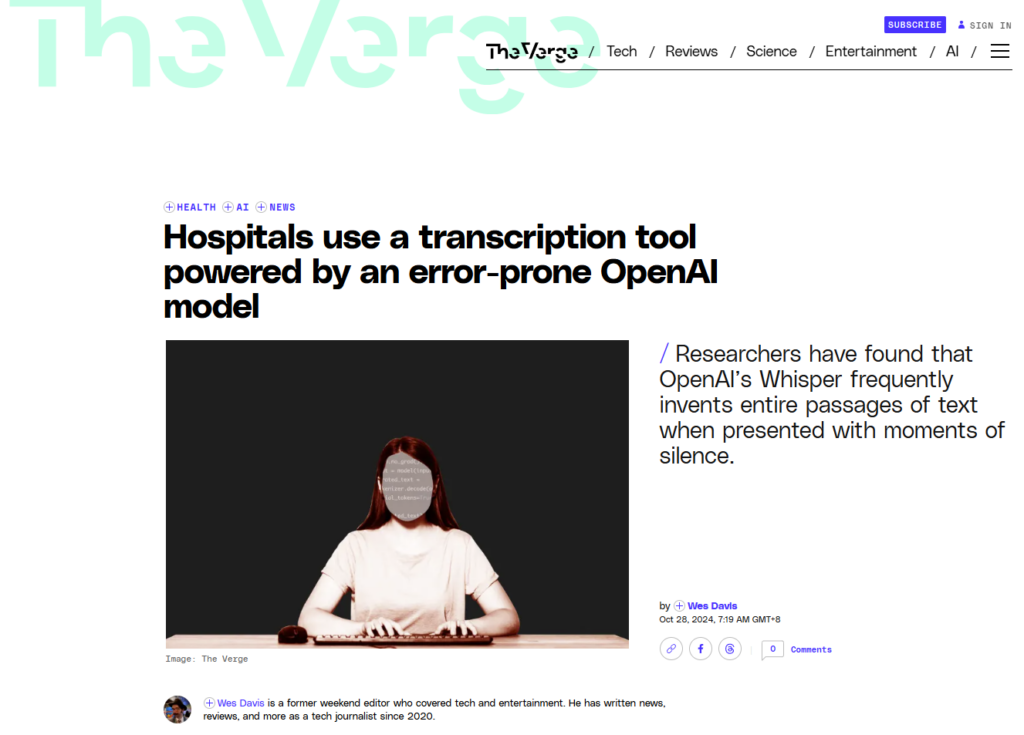 Article from The Verge describing hospitals adopting OpenAI-powered transcription tools, despite concerns about errors, showing why integrated annotation is vital for reliability in AI systems.