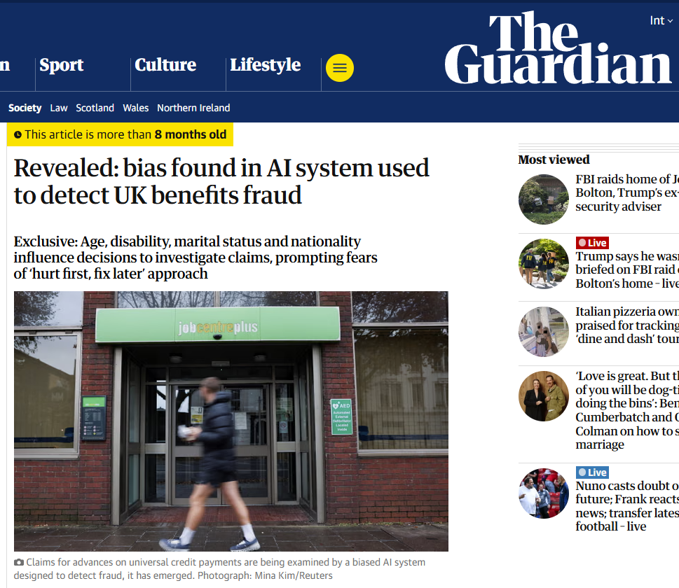 The Guardian highlights bias in an AI system used to detect UK benefits fraud, showing why better data is essential for fair and accurate AI outcomes.