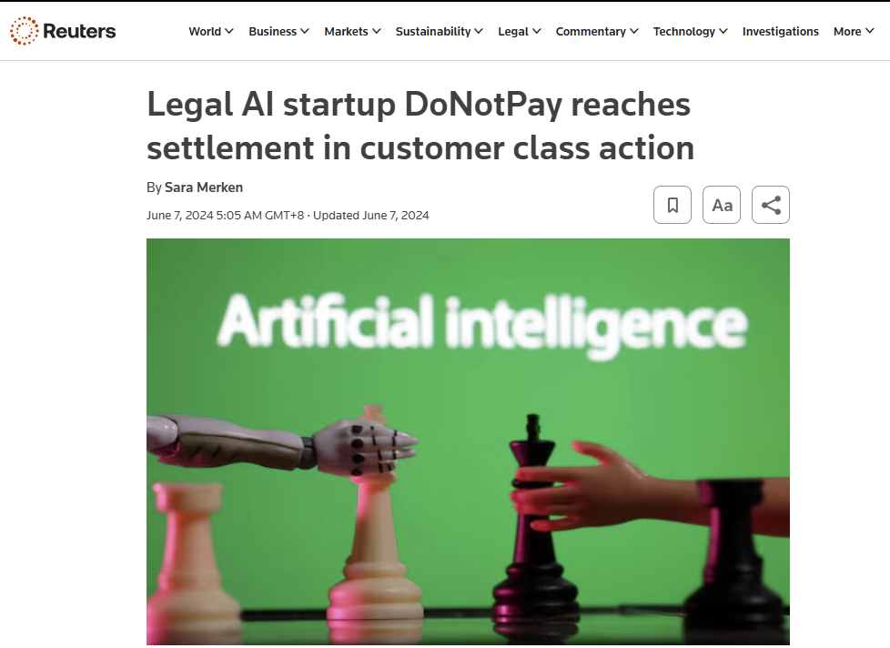 Image of a Reuters article about Legal AI startup DoNotPay reaching a settlement in a customer class action lawsuit, reflecting the blog’s focus on teaching AI to interpret intent rather than surface meaning.