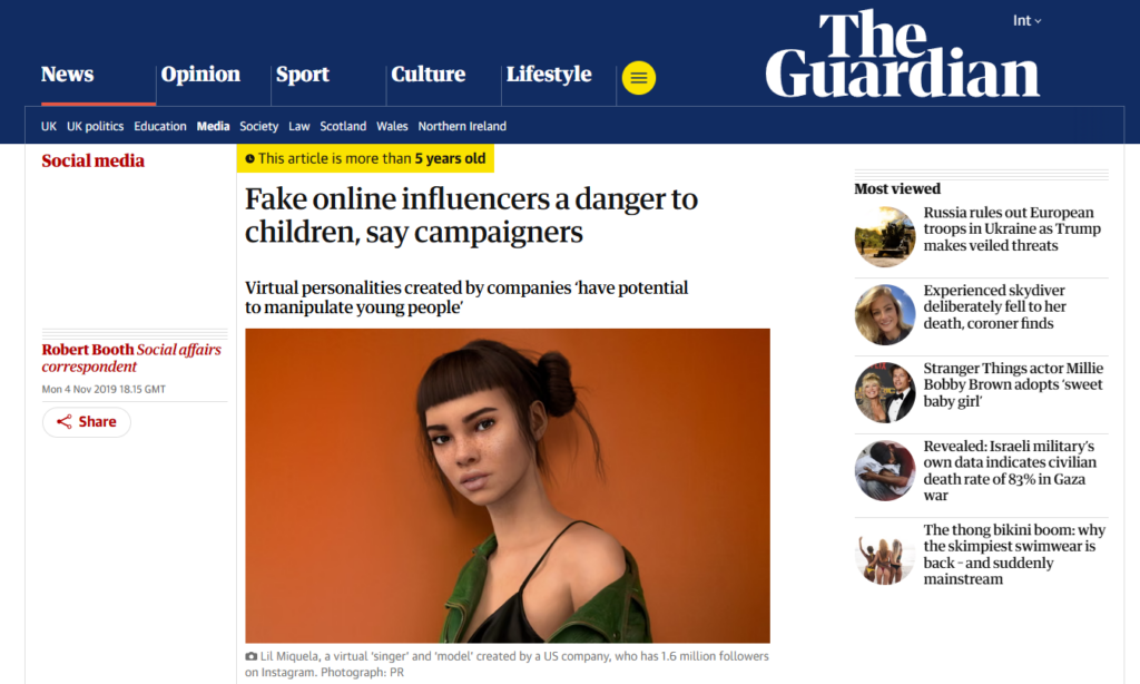 Article from The Guardian reporting on the rise of fake online influencers and their potential to manipulate children. This example underscores why red-teaming AI is critical to safeguard users from harm.