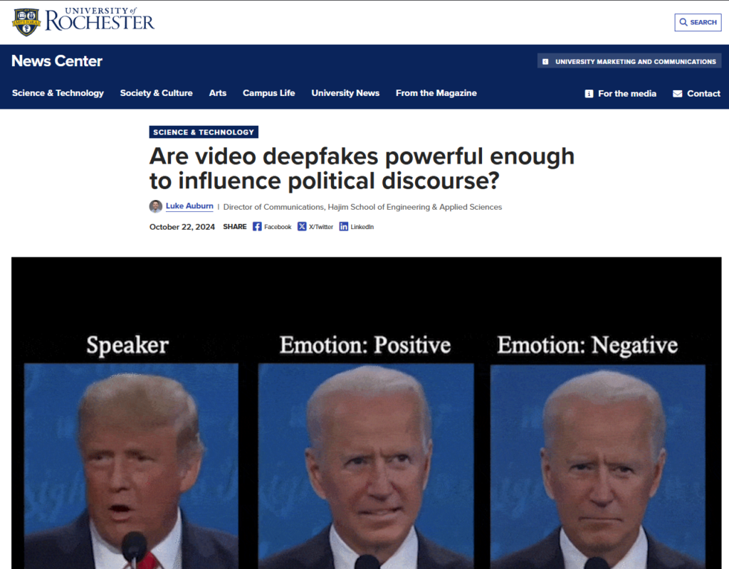 University of Rochester article discussing the growing influence of deepfakes on political debate, highlighting the importance of robust annotation integration to protect truth and trust in AI.