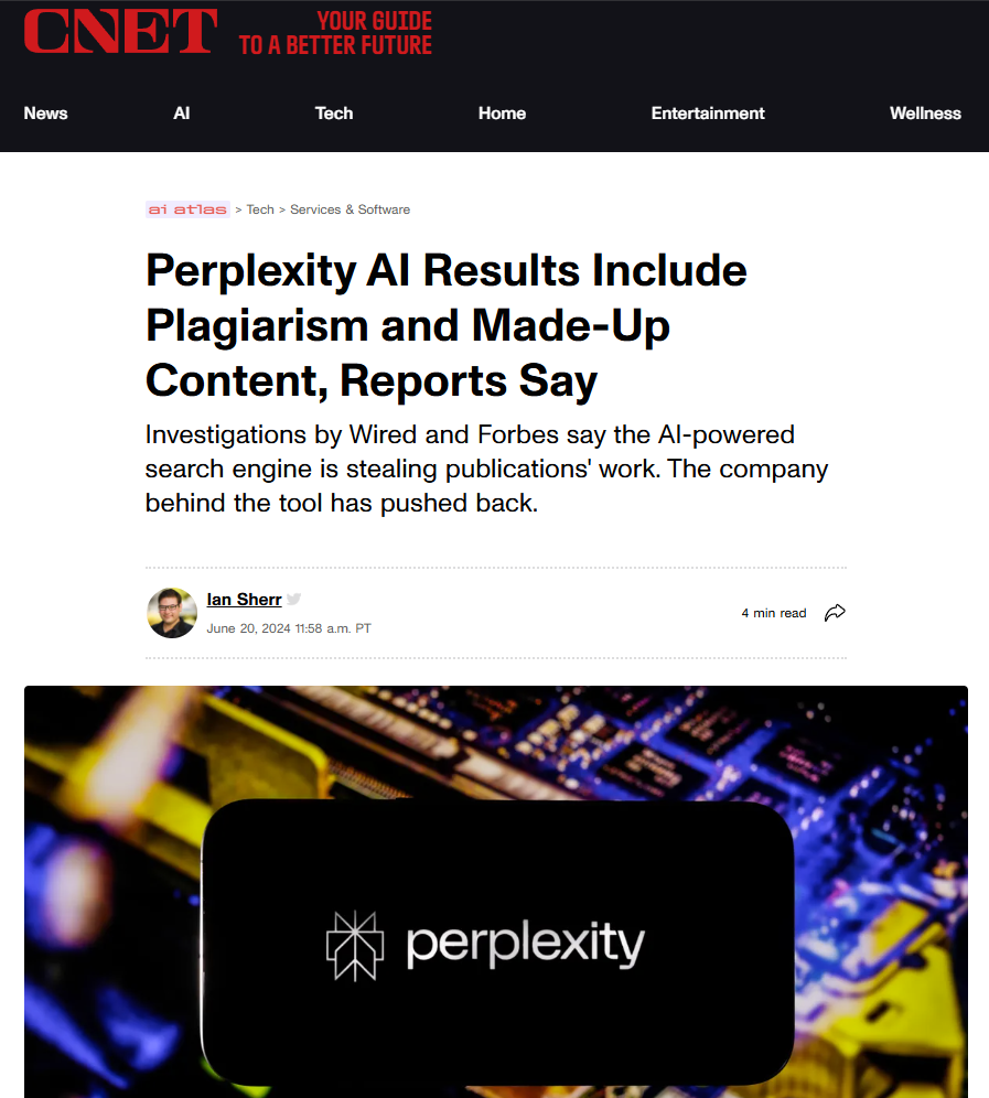 CNET highlights reports of Perplexity AI serving plagiarized and fabricated content, emphasizing the risks when AI tools fail to grasp meaning and trust breaks down.