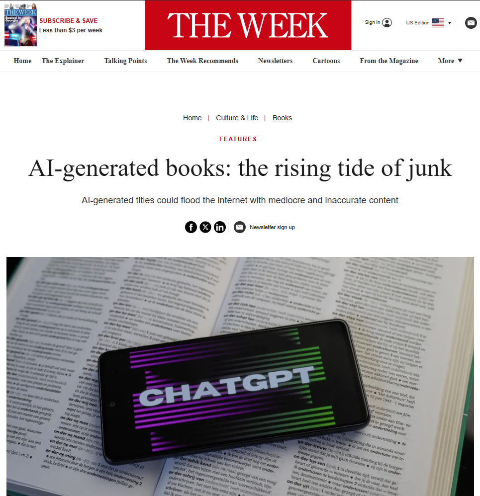 Visual capture of a The Week article on the surge of AI-generated books raising concerns about junk content, tying into the blog’s theme of aligning AI with true human intent rather than shallow outputs.