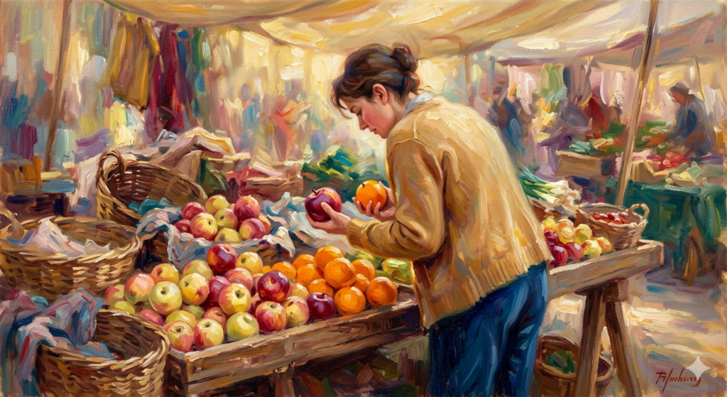 A vibrant impressionistic painting of a woman in a yellow sweater inspecting fruit at a wooden market stall, featuring baskets of red apples and oranges under a bright canopy.