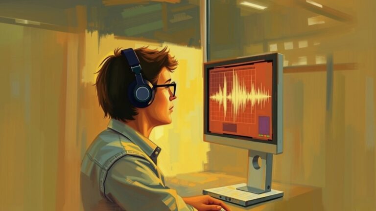 Impressionist digital art of a sound engineer or podcaster wearing headphones, focused on a glowing computer screen displaying sound waves in a warm-toned office.