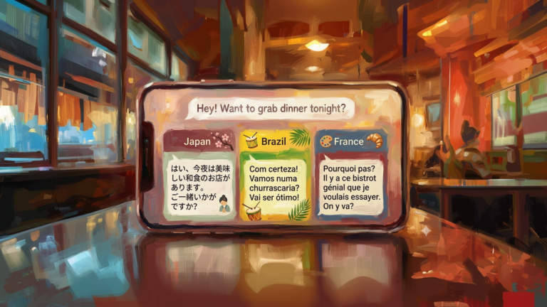 A vibrant, warm impressionist painting of a phone showing one message and three different replies from Japan, Brazil, and France, each in a different style.