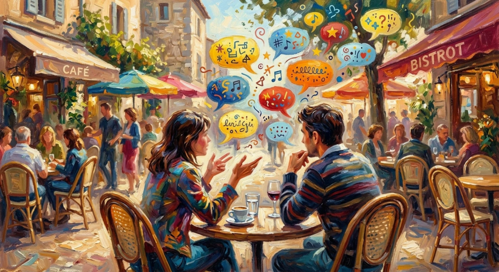 Illustration of two people conversing at a lively outdoor café, surrounded by colorful speech bubbles representing language, symbols, and emotion. The scene highlights how voice AI must interpret context, intent, and meaning—not just transcribe words.