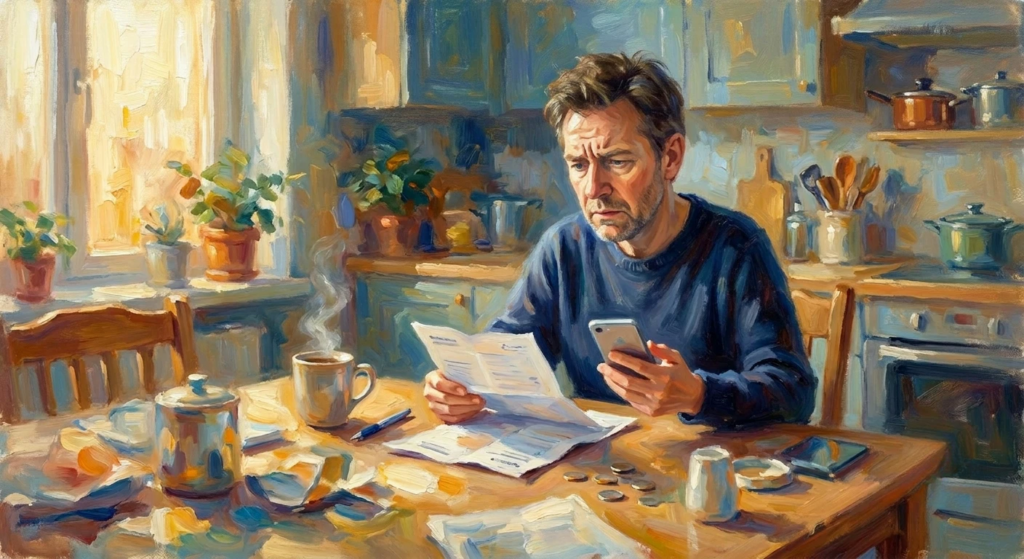 Illustration of a concerned man sitting at a kitchen table, reviewing bills while holding a smartphone. He is attempting to solve a billing error while working with an AI agent, highlighting how poor agentic AI can escalate a stressful situation